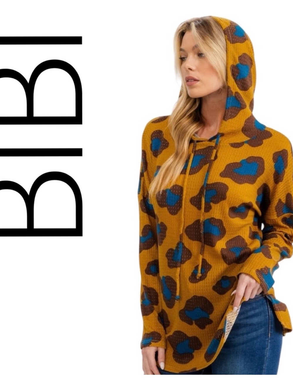 Bibi Mustard and Blue Leopard Print Hooded Women's Sweater